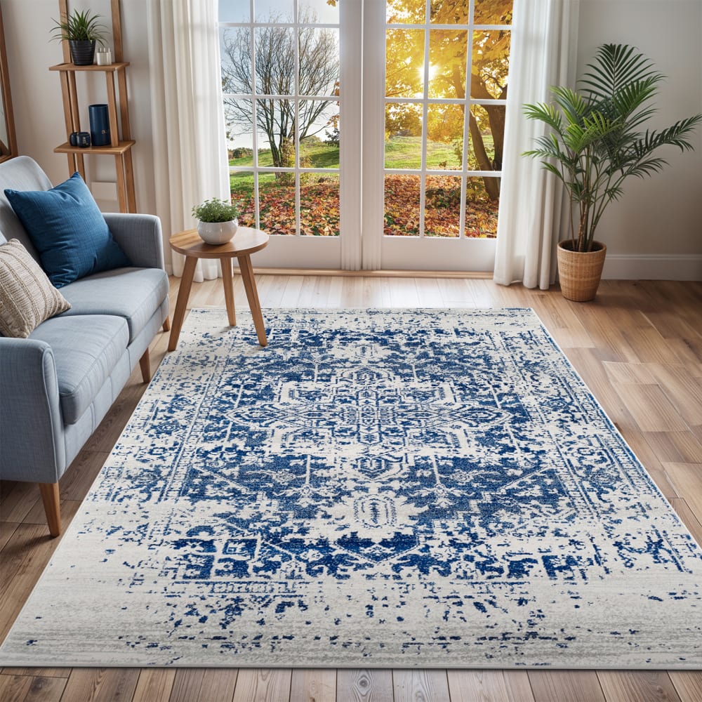 Tapis vintage oriental bleu/blanc 200x275 — vue 3