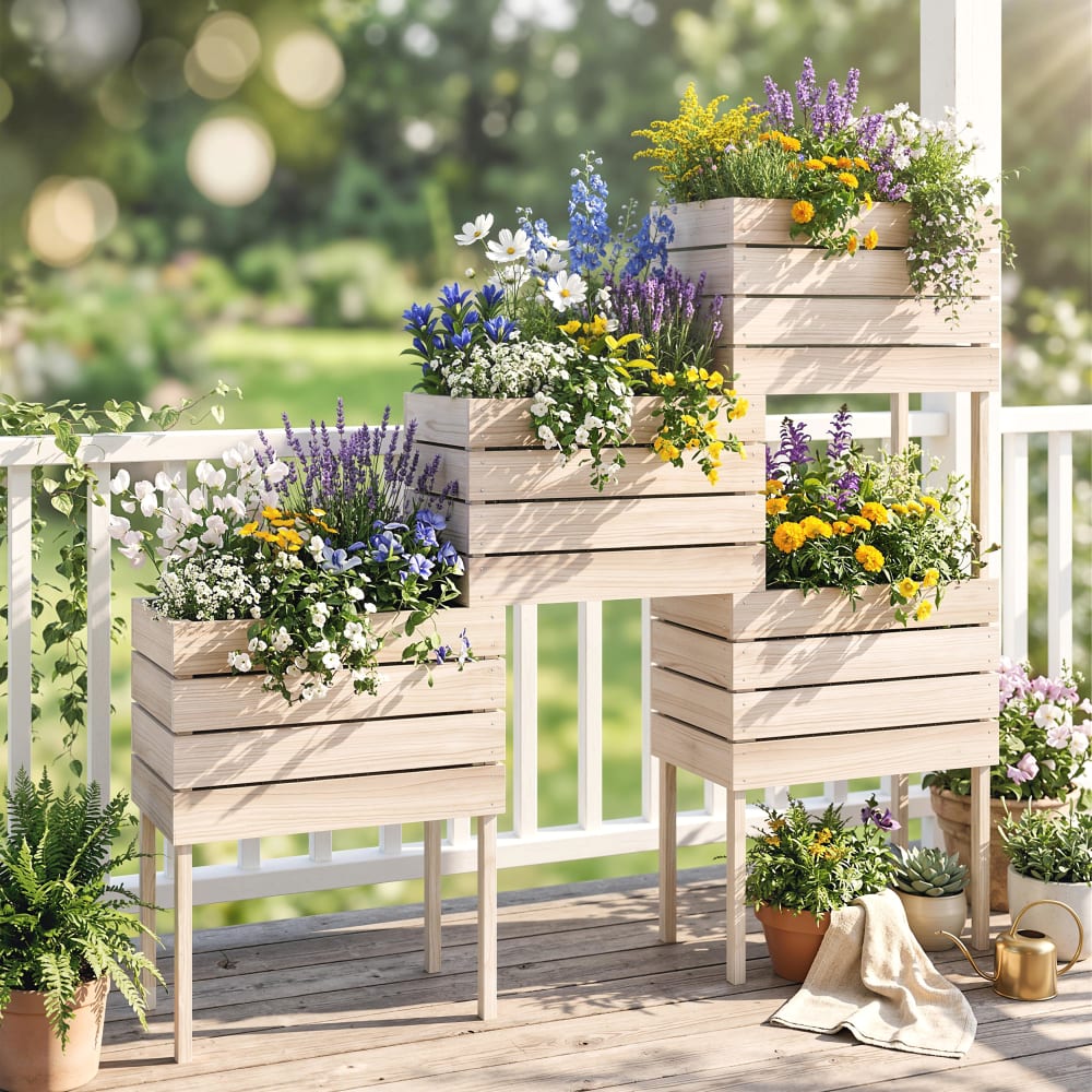 Lot de 4 jardinières sur pieds carrés potagers sapin naturel - Maisons du Monde