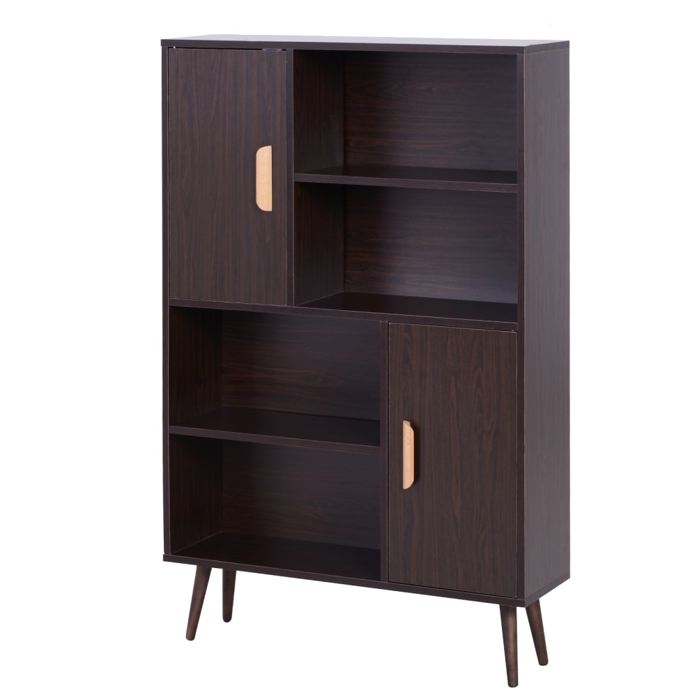 Bibliothèque scandinave 4 niches 2 placards avec étagère aspect wengé