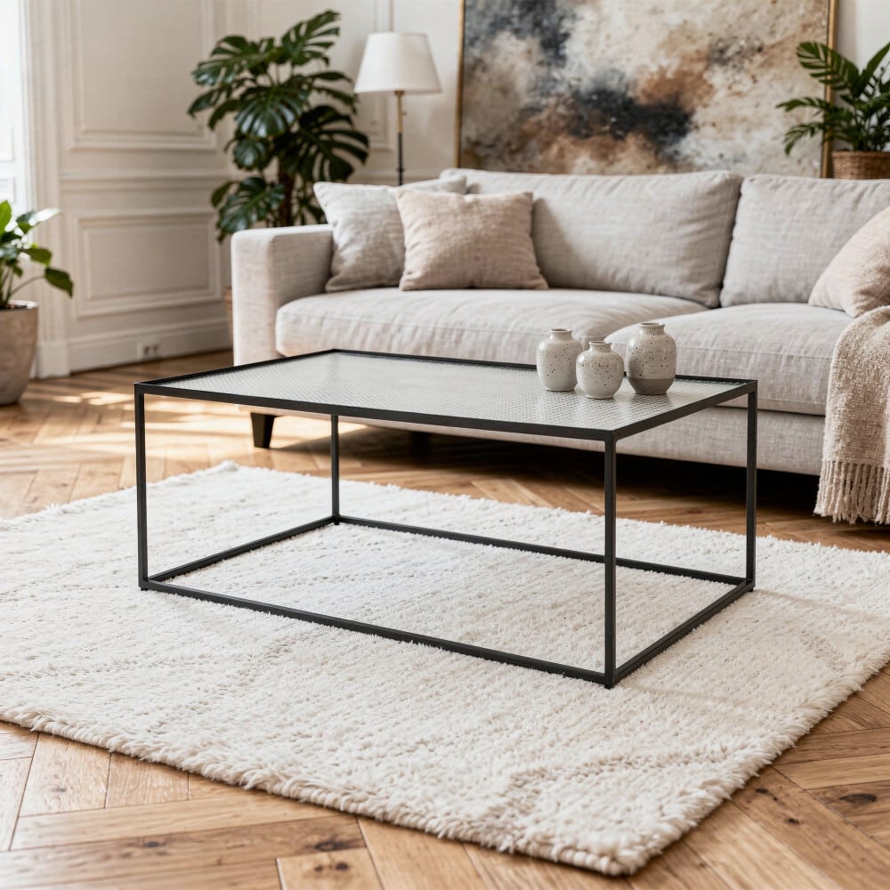 Couchtisch aus Metall Schwarz matt mit Glasplatte - Maisons Du