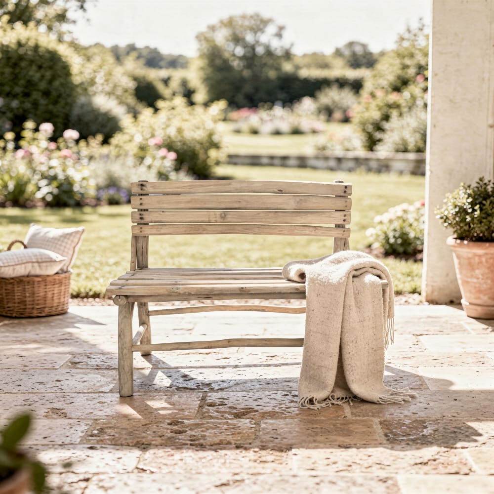 Panca con schienale in legno di teak e fibra vegetale - Decoclico