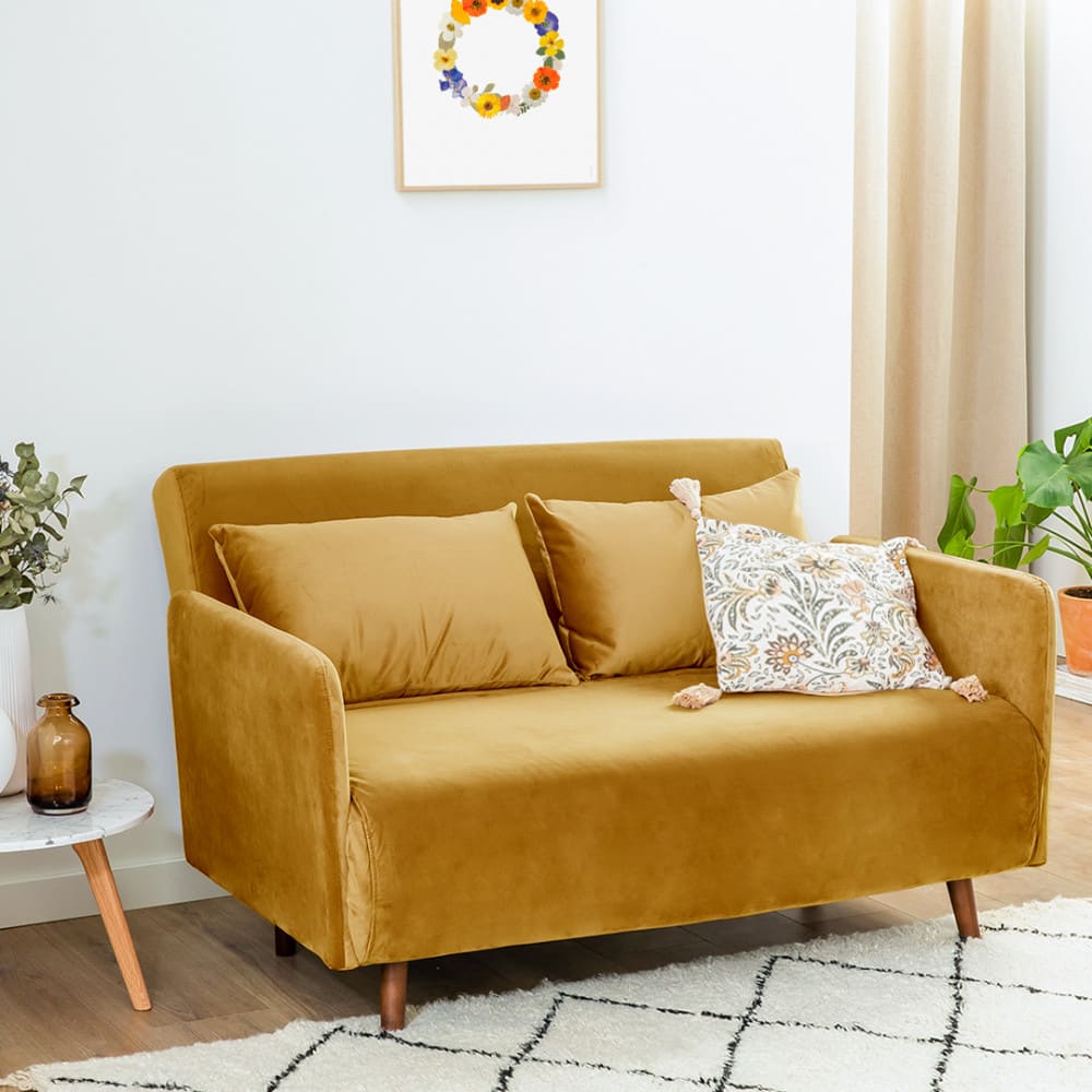 Canapé convertible 2 places en velours - Jaune moutarde