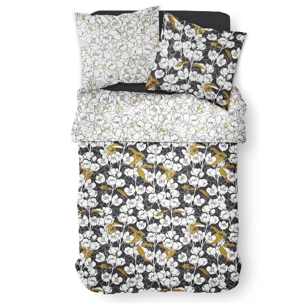 Parure de lit coton 2 personnes imprimé floral  240x260 cm blanc - Maisons du Monde