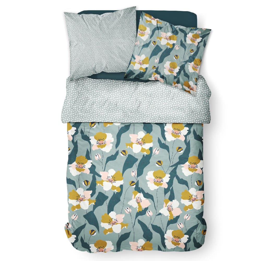 Parure de lit coton 2 personnes imprimé floral 220x240 cm bleu - Maisons du Monde