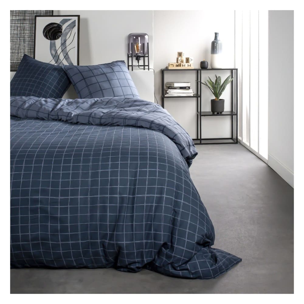 Parure de lit coton 2 personnes imprimé a carreaux  240x260 cm Bleu