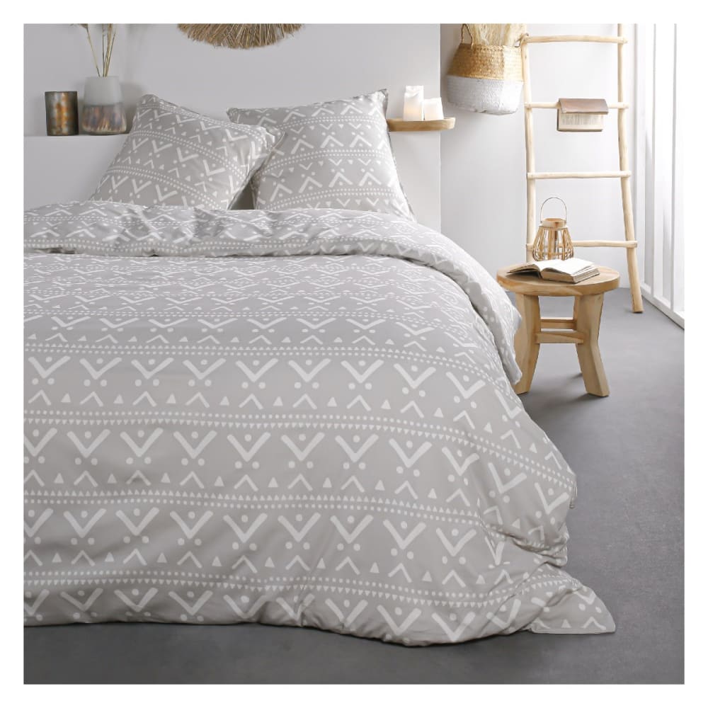 Parure de lit coton 2 personnes imprimé ethnique  240x260 cm Gris