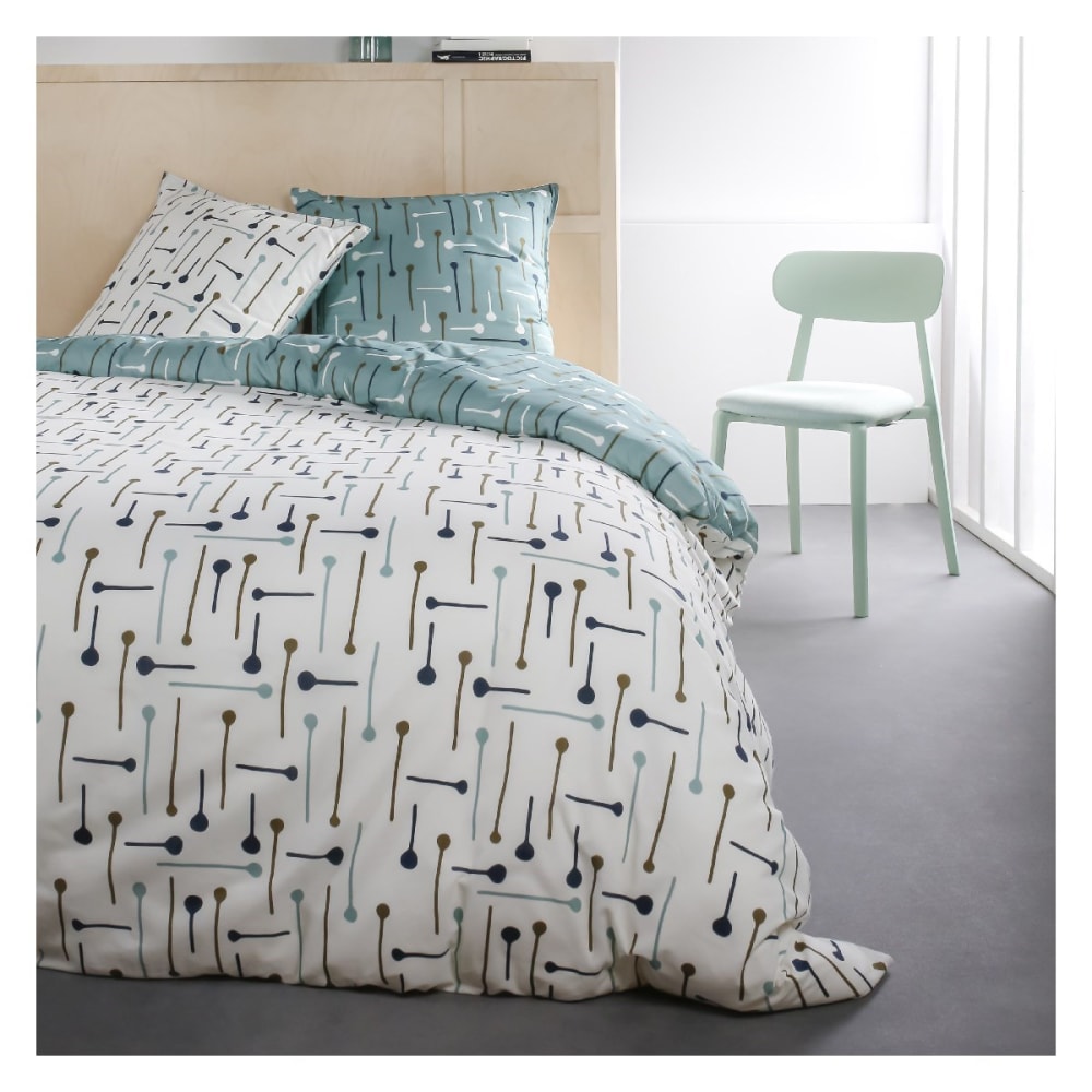 Parure de lit coton 2 personnes imprimé graphique  240x260 cm Blanc