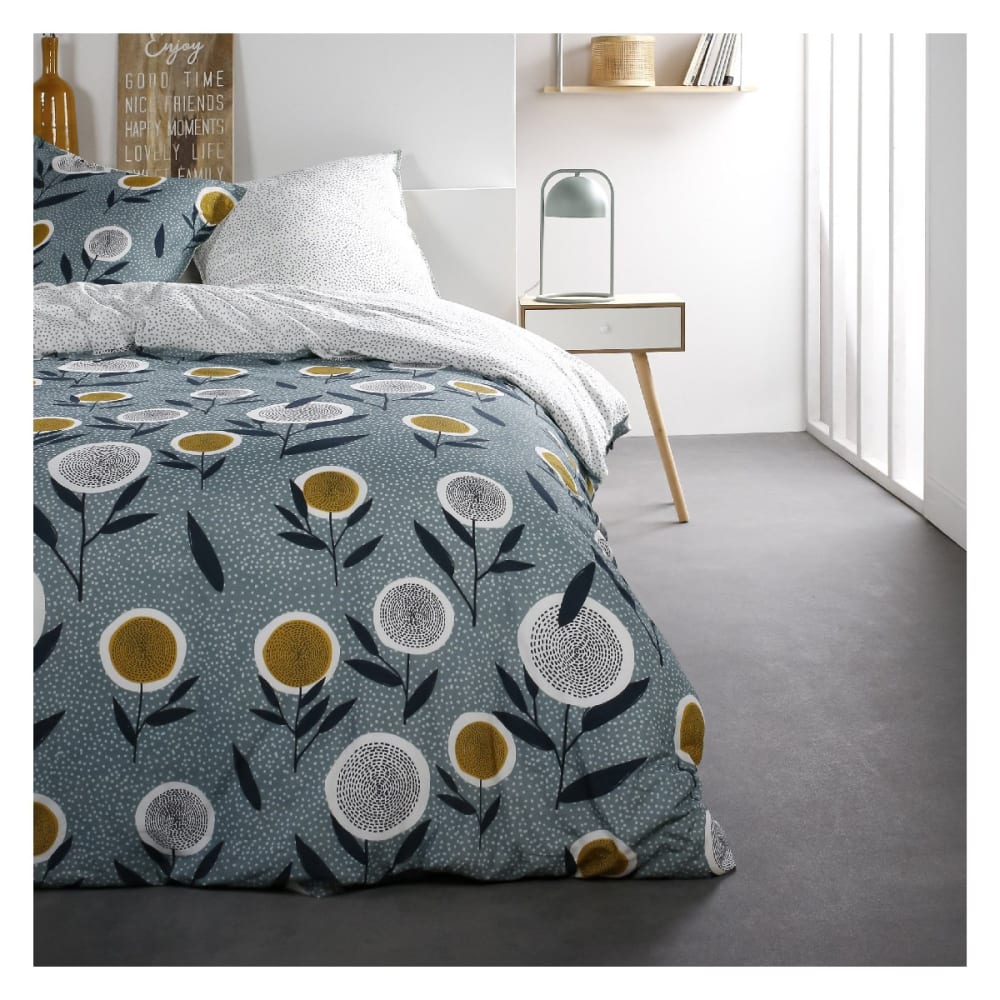 Parure de lit coton 2 personnes imprimé floral  220x240 cm Bleu