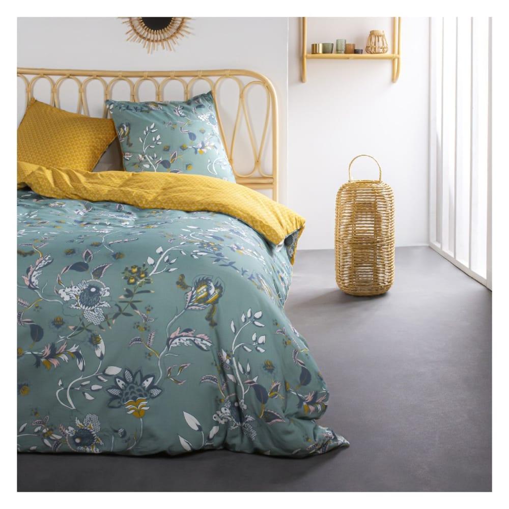 Parure de lit coton 2 personnes imprimé floral  220x240 cm Bleu