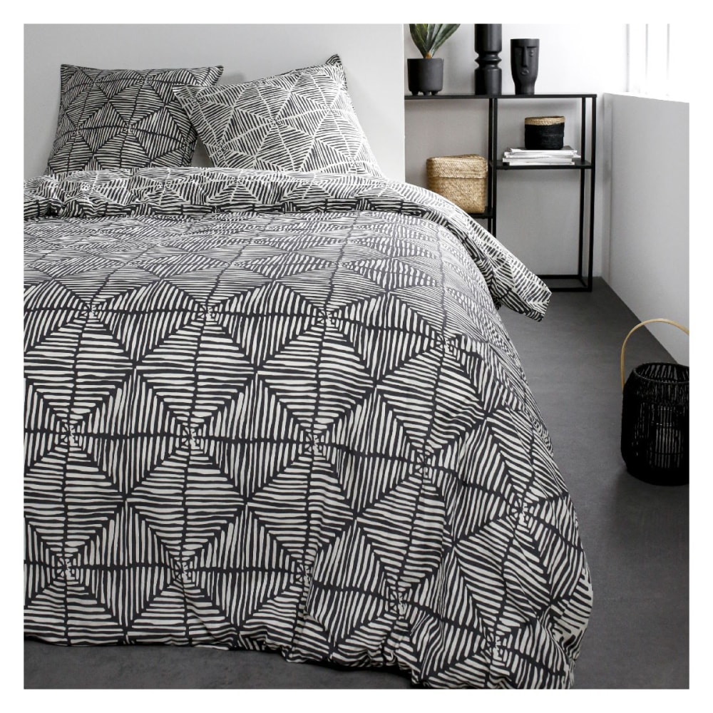 Parure de lit coton 2 personnes imprimé graphique  240x260 cm Blanc