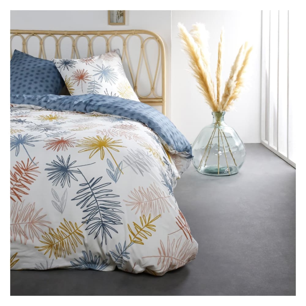 Parure de lit coton 2 personnes imprimé floral  240x260 cm Bleu