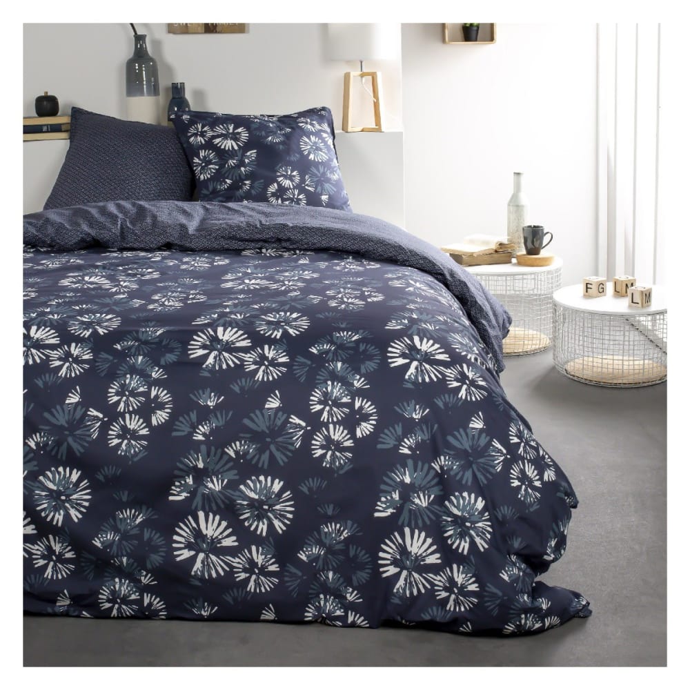 Parure de lit coton 2 personnes imprimé floral  240x260 cm Bleu