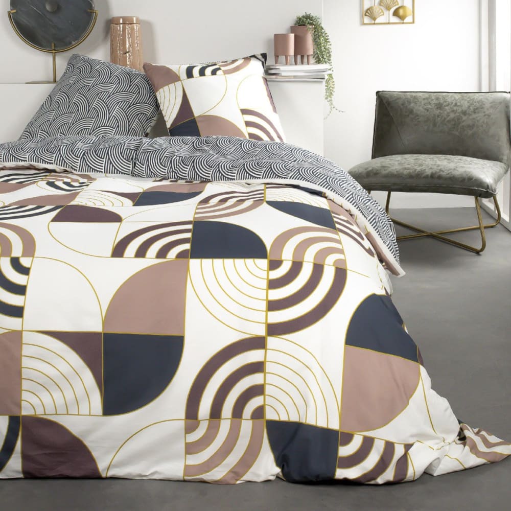 Parure de lit coton 2 personnes imprimé graphique  240x260 cm Blanc