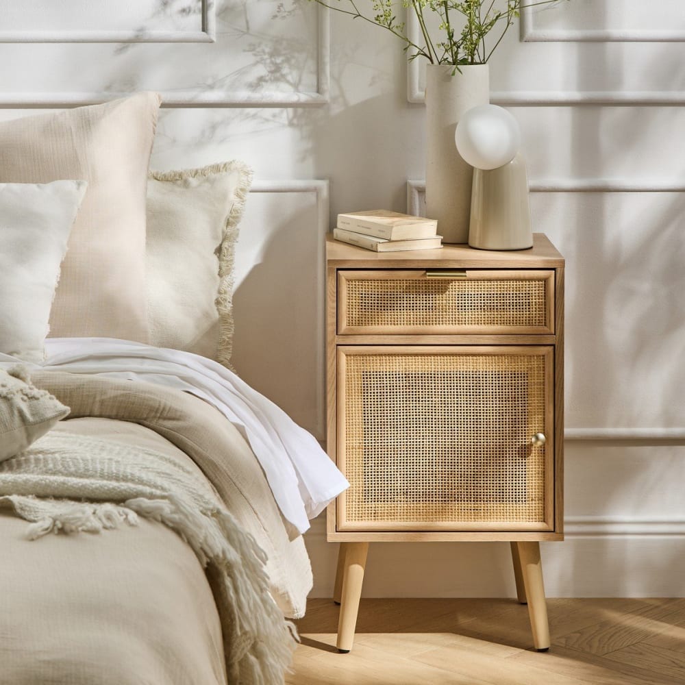 Table de chevet avec cannage, plaquée frêne h71cm - beige