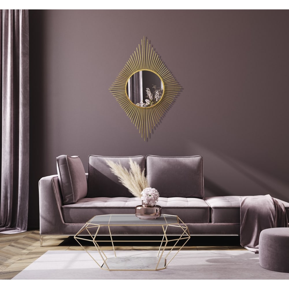Miroir soleil losange en métal or 82x65
