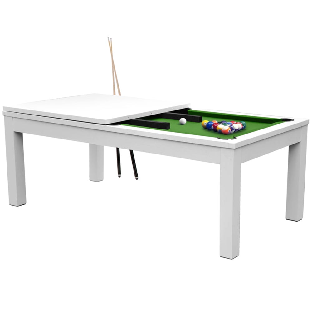 Mesa de billar convertible blanca con alfombra verde