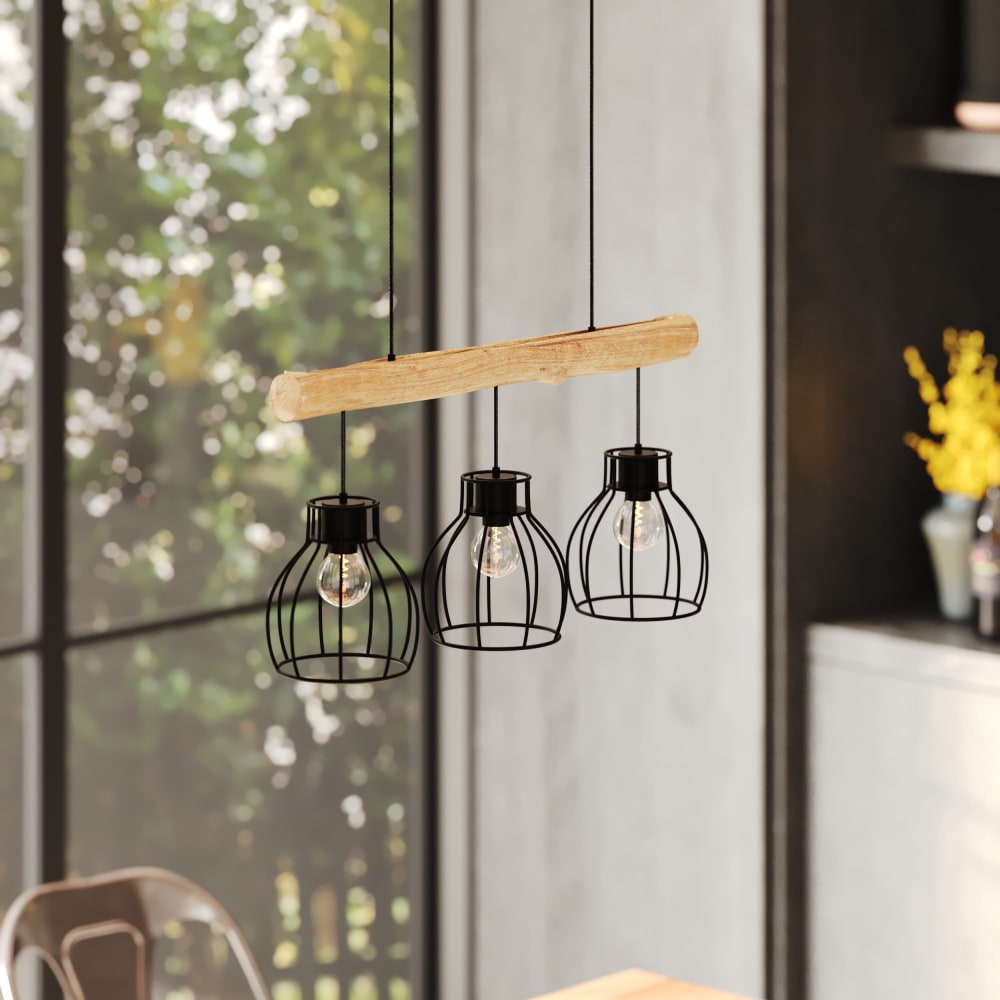 Suspension 3 lampes en bois d'eucalyptus et métal noir