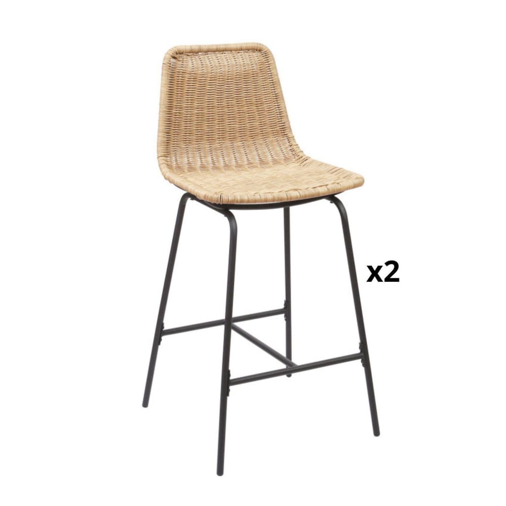 Lot de tabourets de bar et d'ilot  en métal avec assise en rotin 65cm
