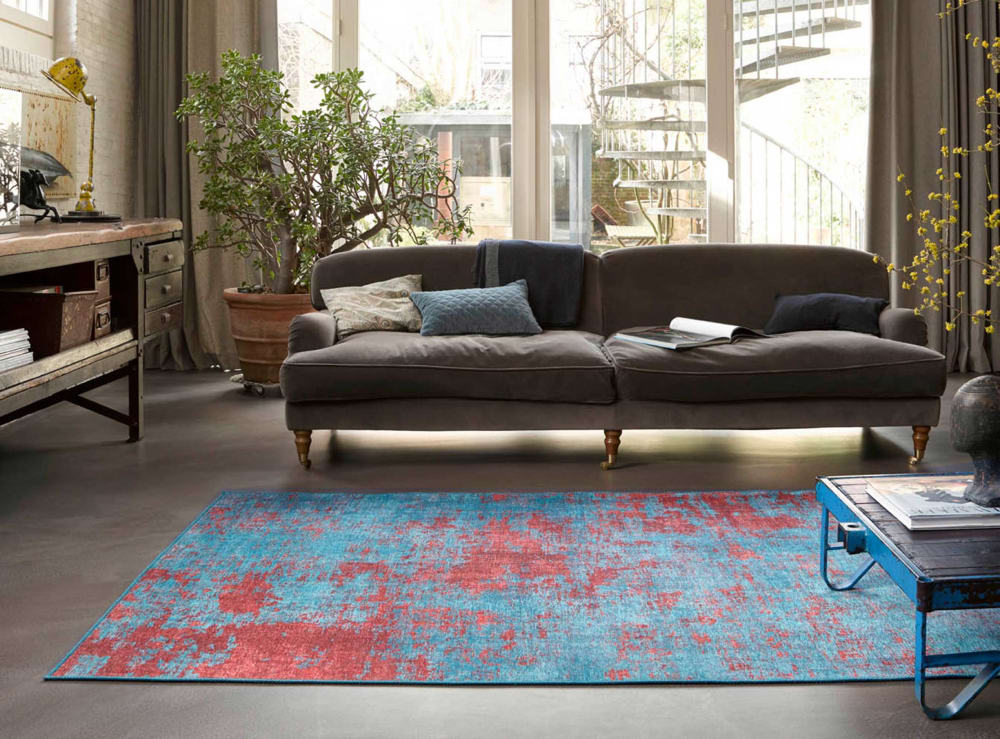 Tapis tissé extra plat bleu et rouge brique 120x170