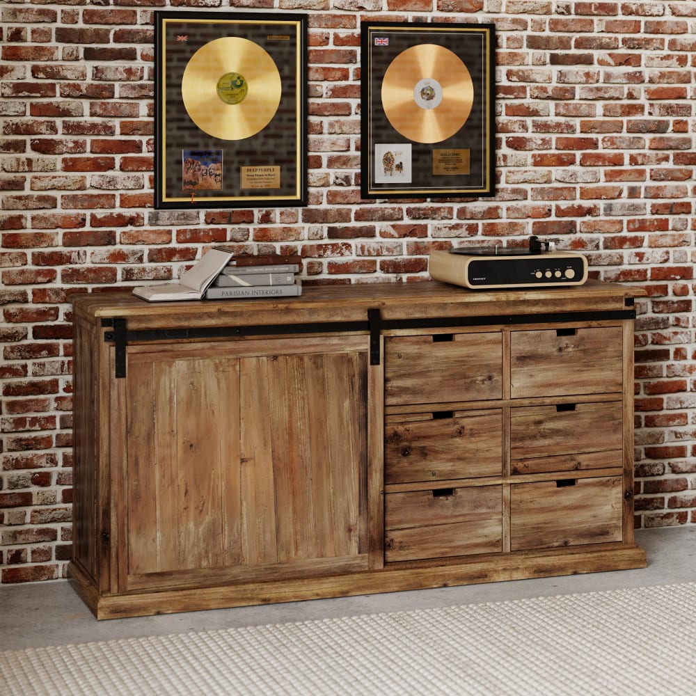 Buffet en bois recyclé, 6 tiroirs et 1 porte coulissante