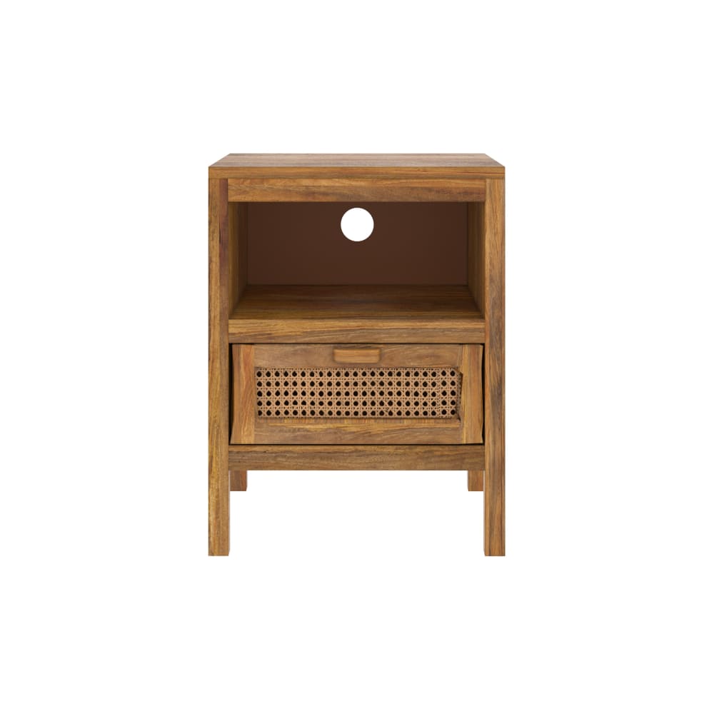 Mesa de noche de madera de mangueira y caña, 1 cajón y 1 nicho