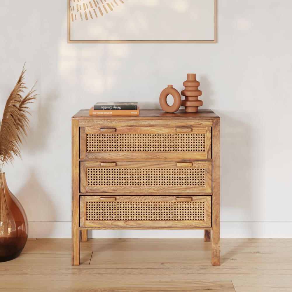 Commode en bois de manguier et cannage 3 tiroirs
