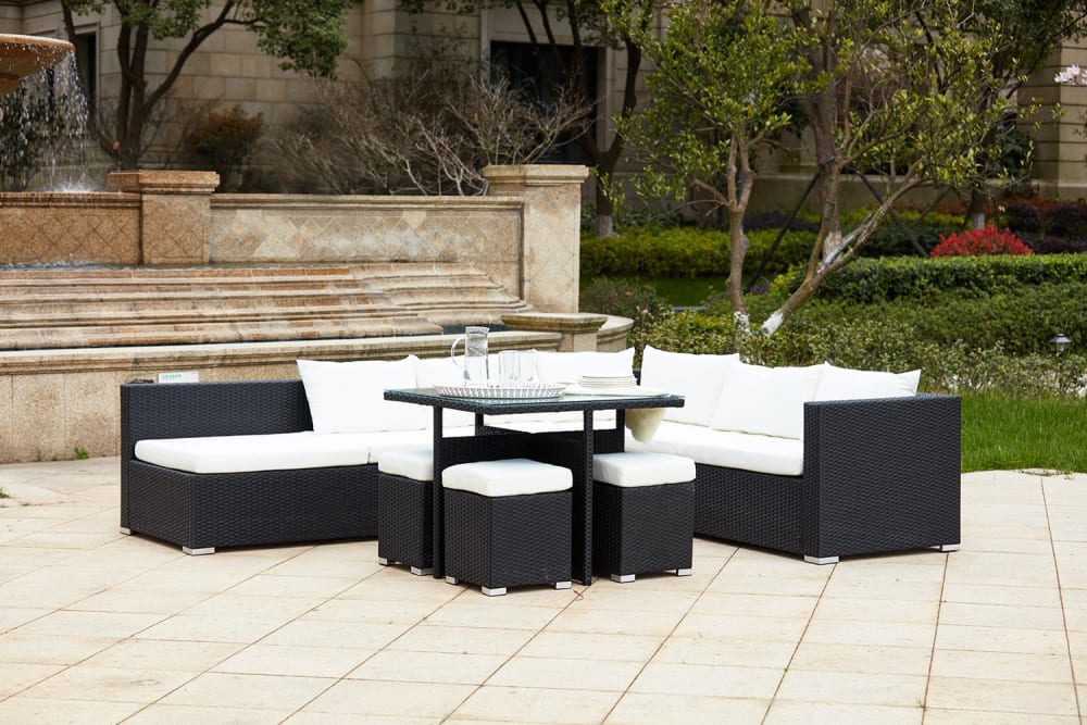 Salon de jardin encastrable 10 places en résine noir-blanc