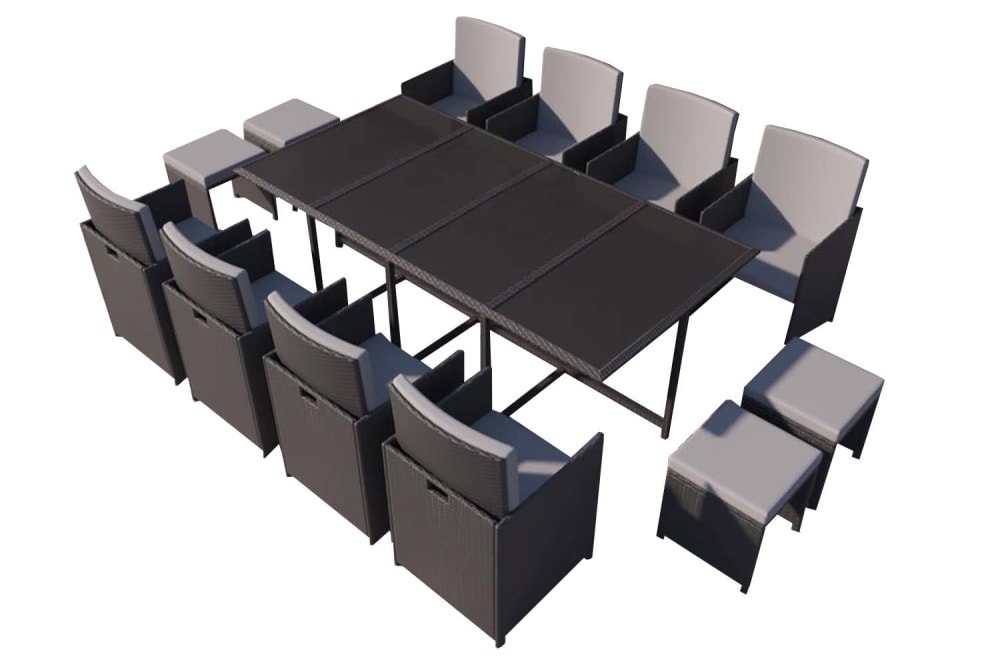 Table et chaises 12 places en résine tressée noir et gris - Maisons du Monde