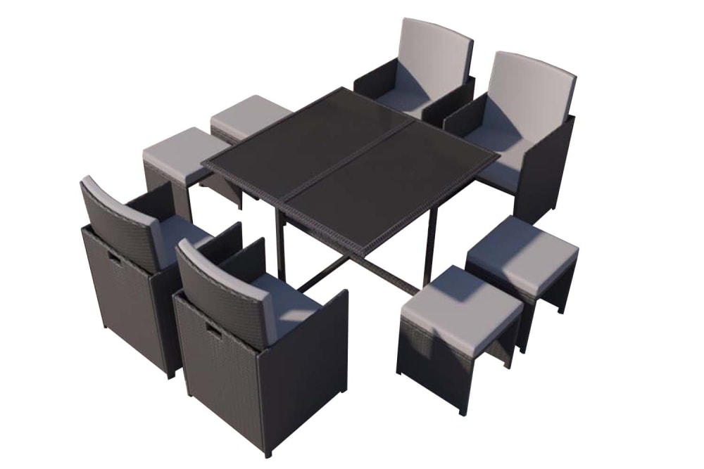 Table et chaises 8 places en résine tressée noir et gris