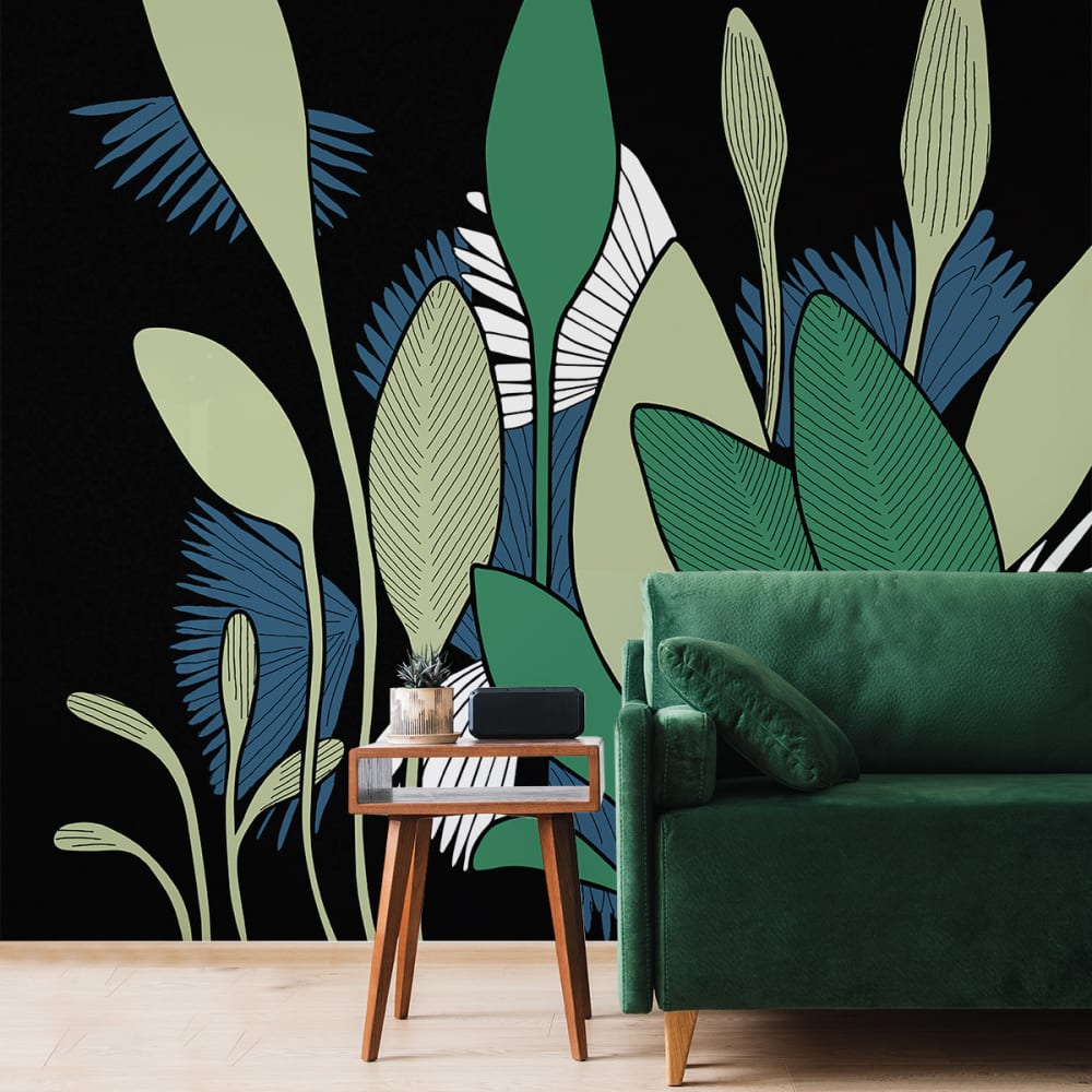 Papel pintado panorámico végétal, azul 255 x 250cm