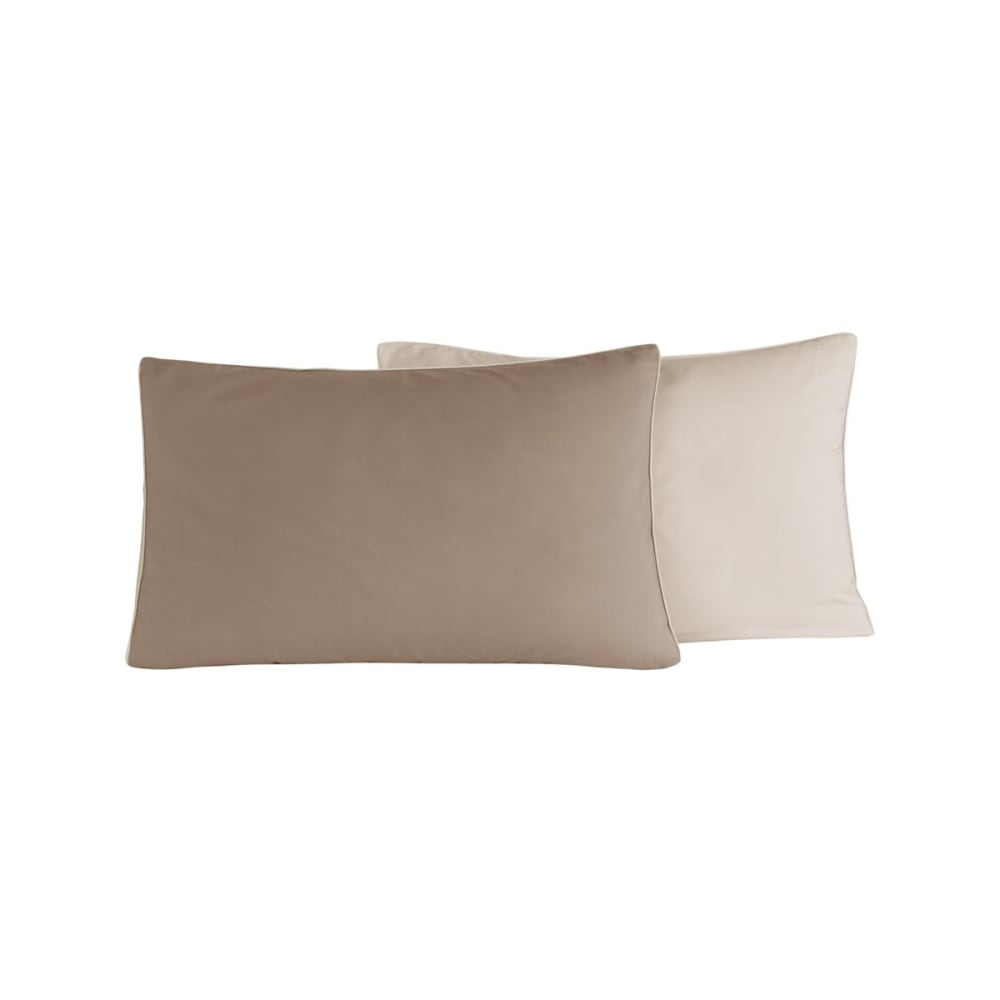 Lot de 2 taies d'oreiller bicolores en percal taupe/ficelle 50x70 cm