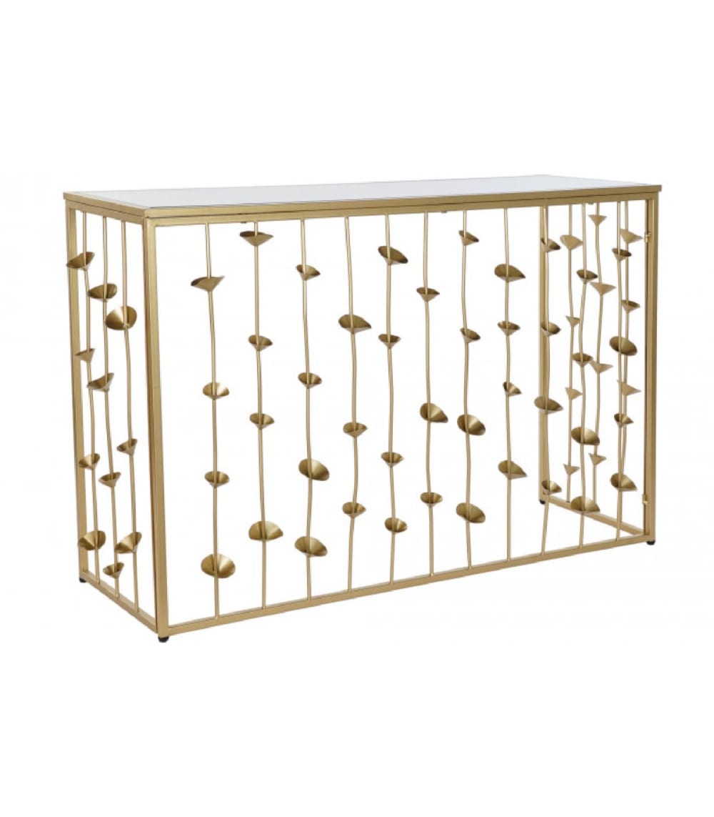 Console en métal doré et plateau miroir fleurs 126x43x81cm