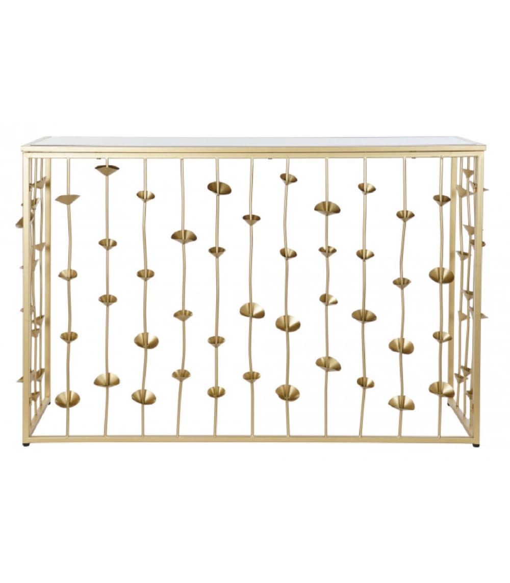 Console en métal doré et plateau miroir fleurs 126x43x81cm