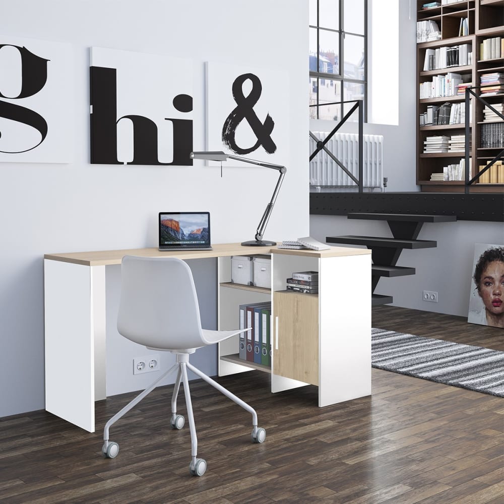 Bureau d'angle industriel avec 3 niches et 1 porte - Blanc