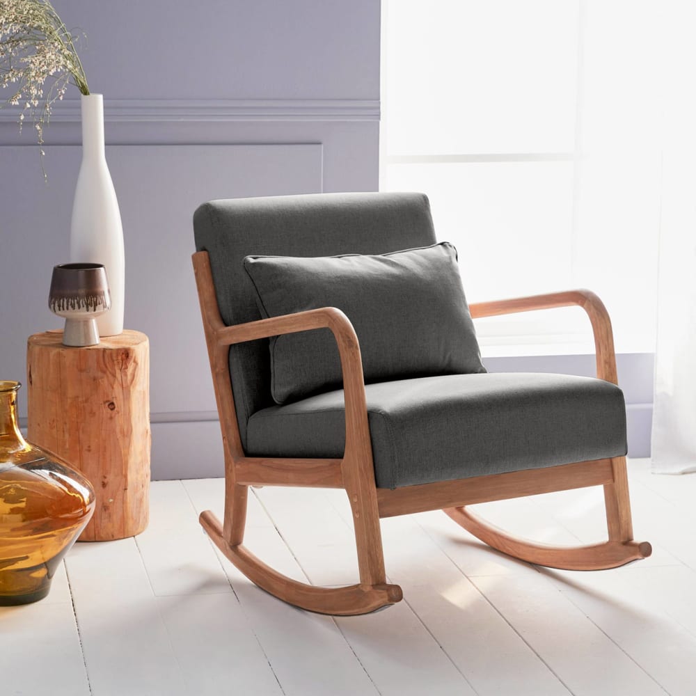 Fauteuil à bascule design bois et tissu gris foncé