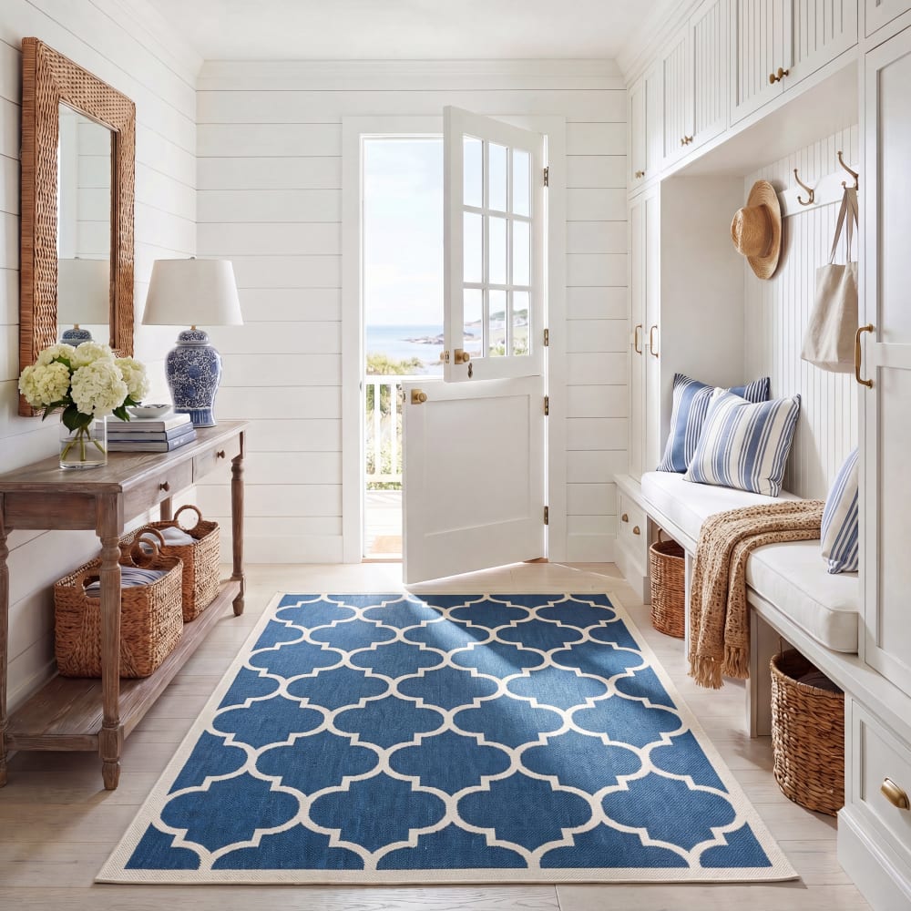 Alfombra enrejado de polipropileno azul/beige, 79 x 152 cm - Maisons du Monde