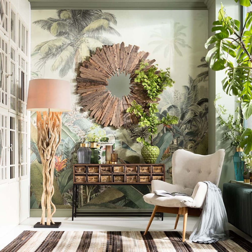 Lampadaire en acacia massif et abat-jour en coton H158