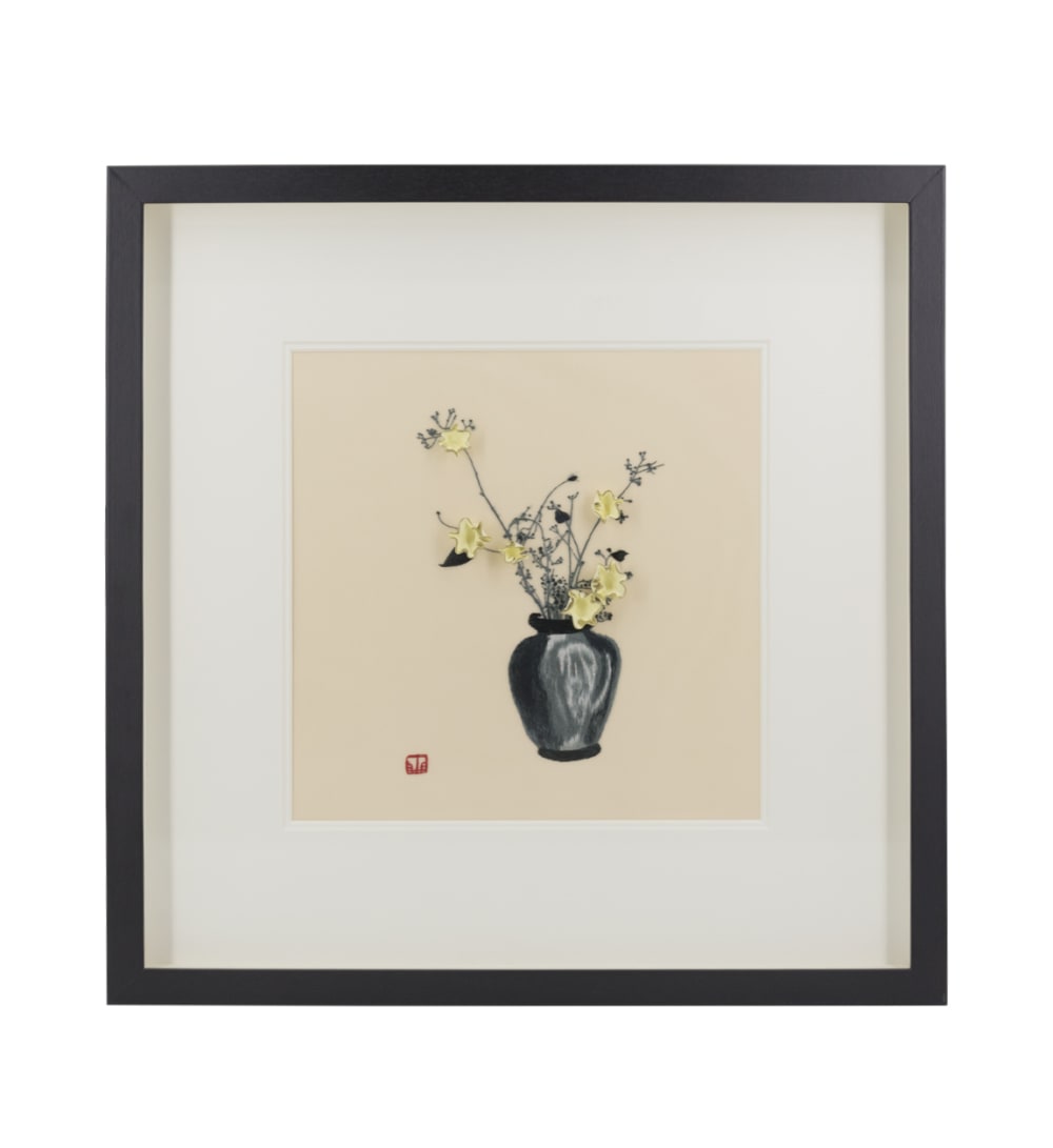 Tableau vase brodé fleurs avec verre 60x60