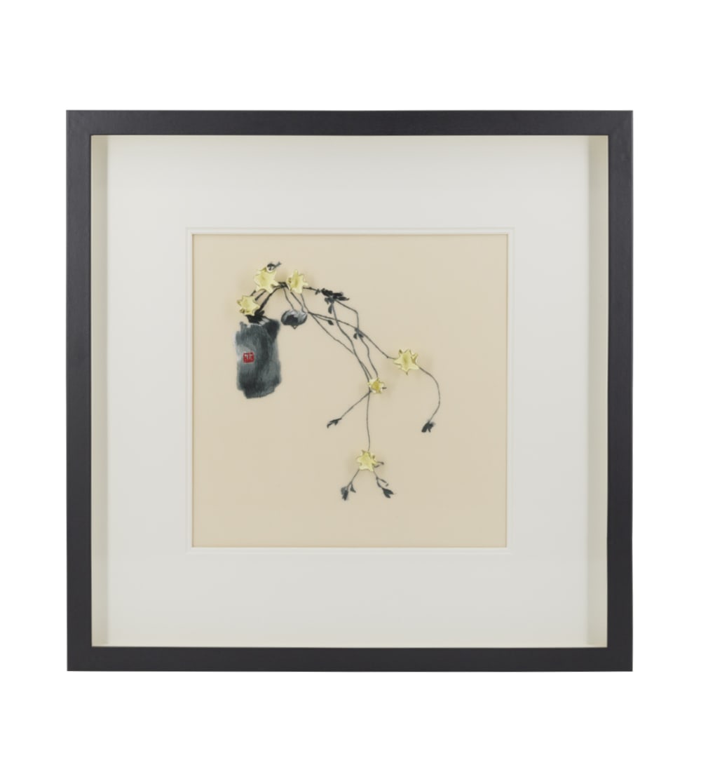 Tableau vase brodé cascade avec verre 60x60