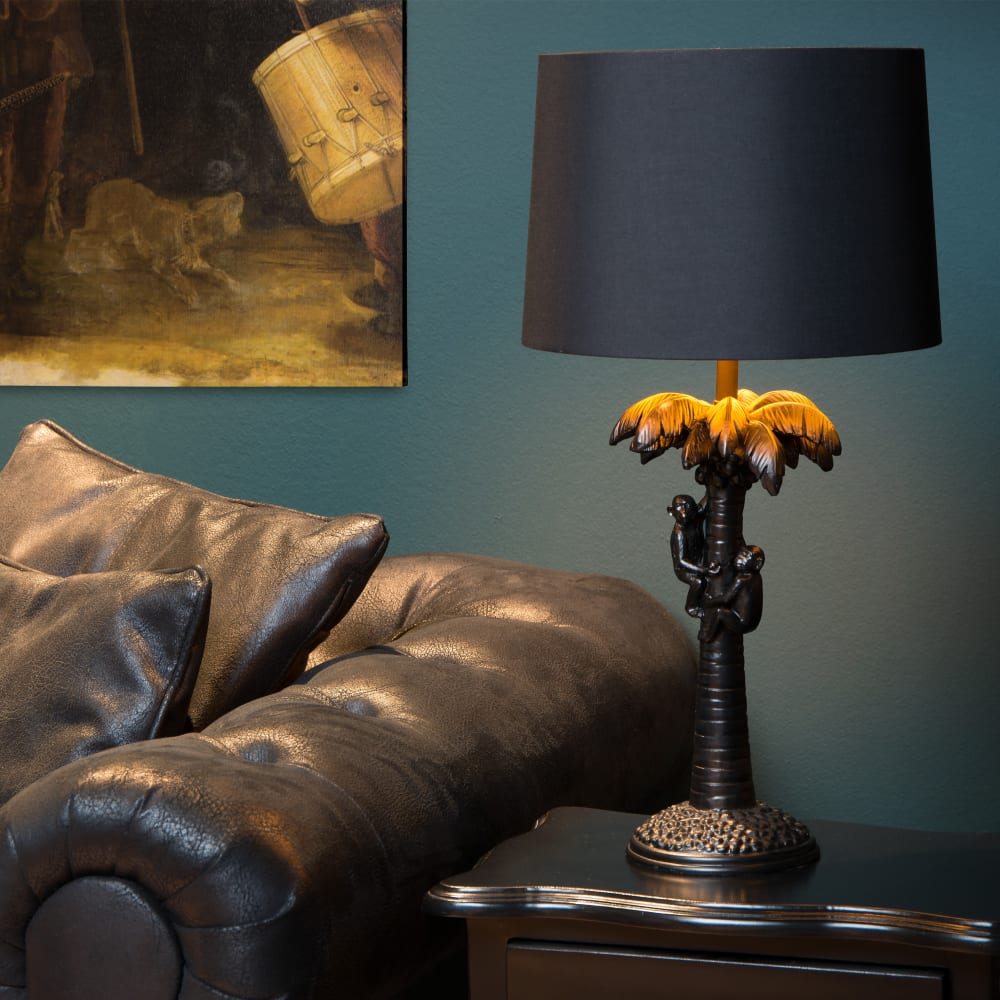 Lámpara de mesa negro con palmera y monos de resina y pantalla de lino - Maisons du Monde