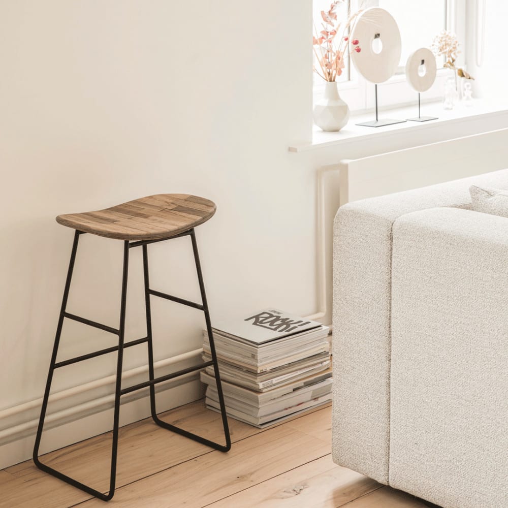 Tabouret de bar en teck recyclé et métal H65cm - Bois clair