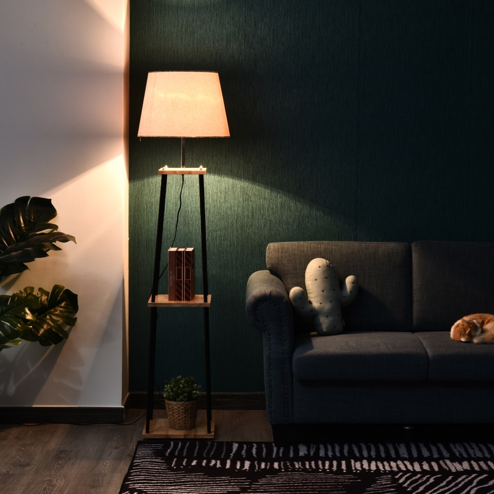 Lampadaire 40 W max. 3 étagères intégrées bois massif métal noir — vue 4