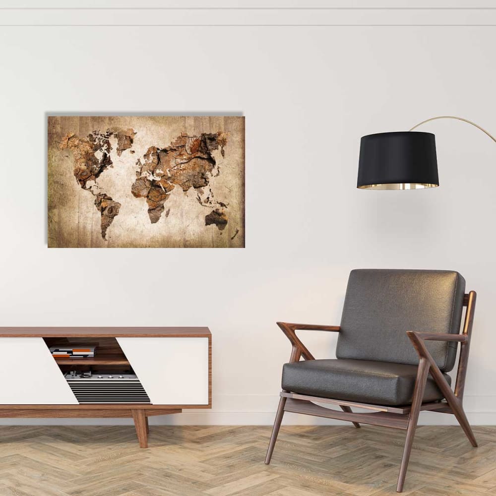 Tableau carte du monde effet bois toile imprimée 120x80 cm