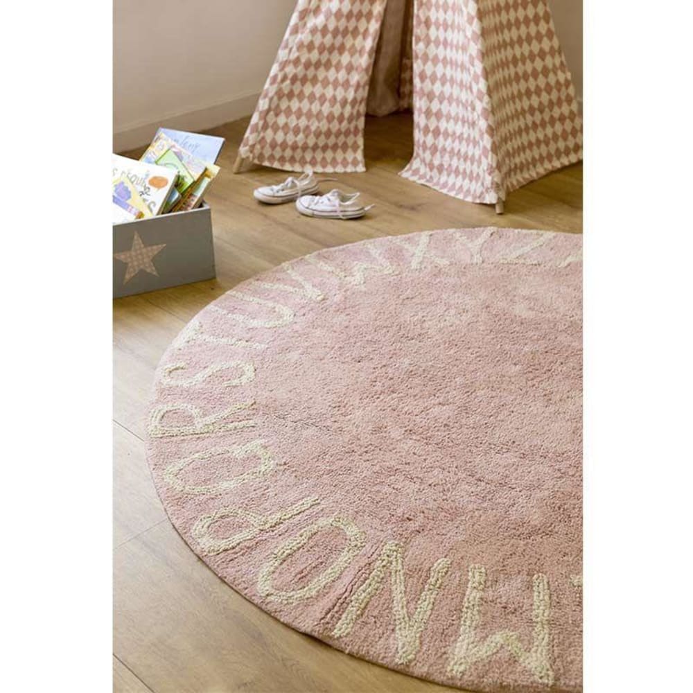 Abwaschbarer runder ABC-Teppich aus Baumwolle, 150 Ø cm, rosa -