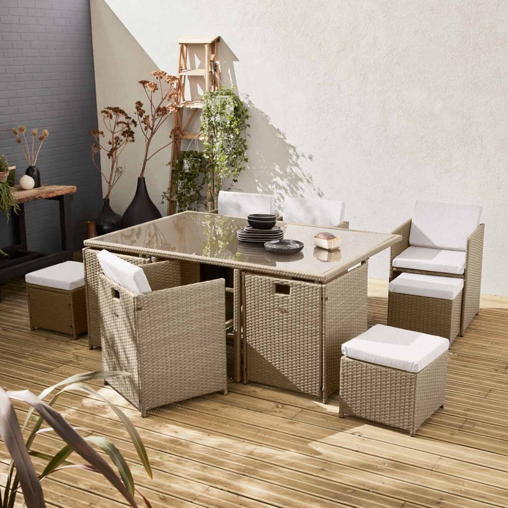 Set tavolo da giardino in resina intrecciata con 6-10 posti, beige - Resina
