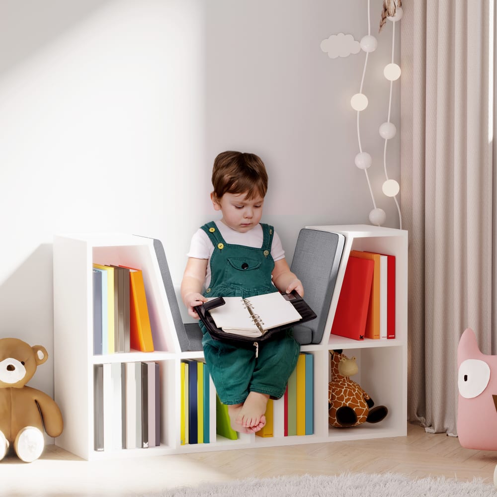 Bibliothèque banc 2 en 1 - 6 casiers coussins inclus - Maisons du Monde