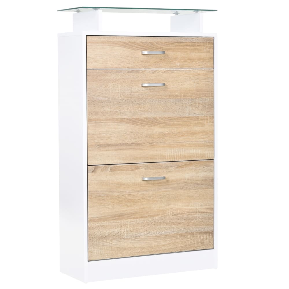 Homcom Weiß-Eichen-Schuhschrank, 2 Türen & Schublade mit Glasregal Beige Spanplatte