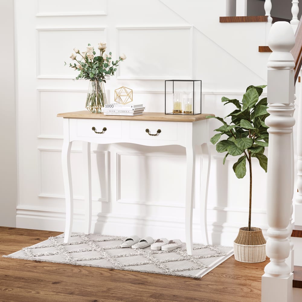 Console style table de drapier shabby chic 2 tiroirs blanc