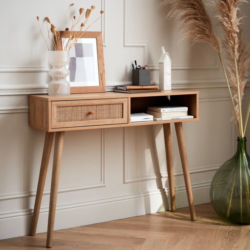 sweeek Konsole mit Rattangeflecht 100 x 29 x 81 cm style classic chic Beige Spanplatte