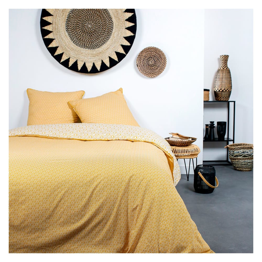 Parure de lit coton 2 personnes imprimé ethnique  220x240 cm Jaune